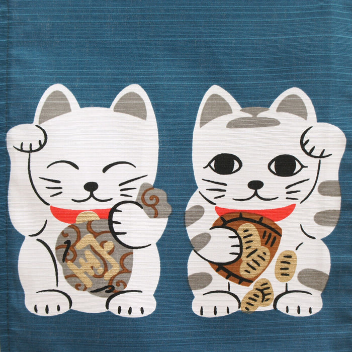 "Seven Lucky Cats Short Blue Curtain" - Shichi Fuku Neko Tan Aoi Noren (七福猫短青色幕)