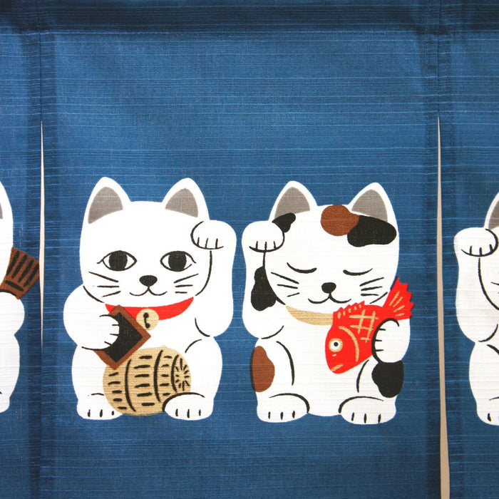 Seven Lucky Cats Short Blue Curtain